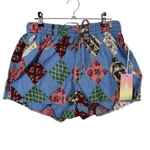 NEW! WARM Getaway Shorts Chambray Multicolor Patch Elastic Drawstring Size XS (0